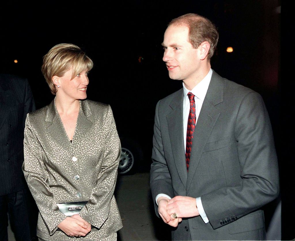 Duchess Sophie wearing an animal print suit with Prince Edward