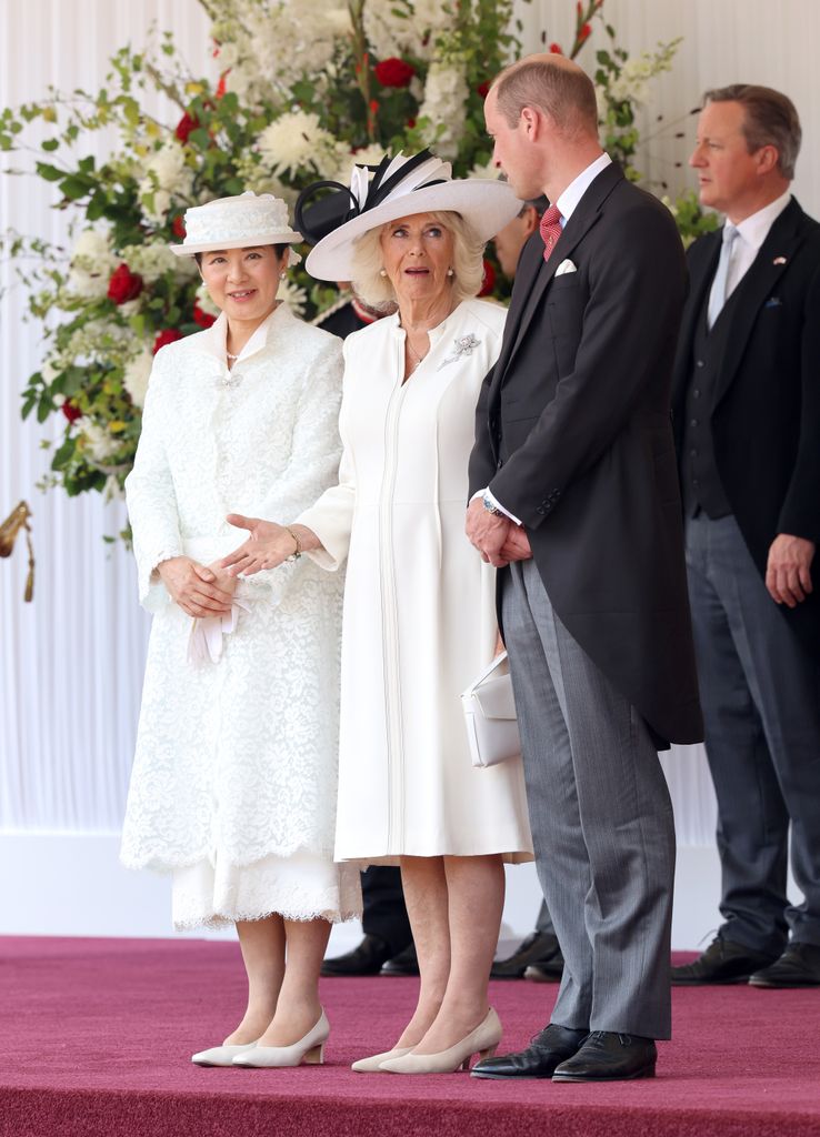 Queen Camilla with Empress Masako of Japan and Prince William at the ceremonial welcome