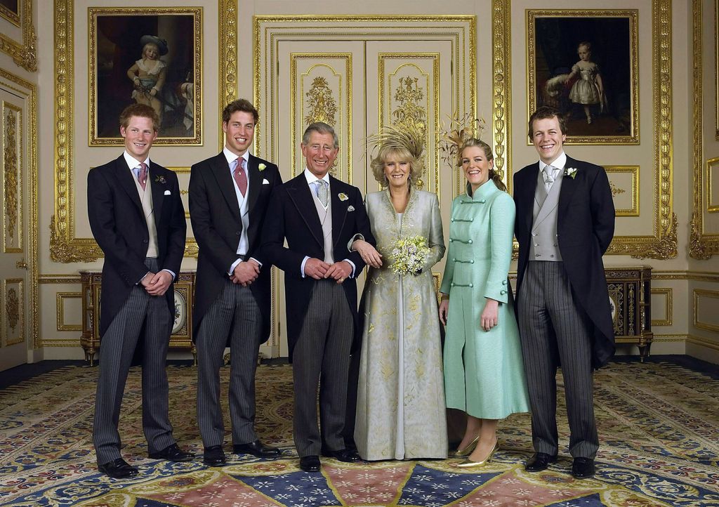 Prince Charles and The Duchess Of Cornwall, Camilla Parker Bowles pose with their children (L-R) Prince Harry, Prince William, Laura and Tom Parker Bowles, in the white drawing room for the Official Wedding group photo following their earlier marriage at The Guildhall, 
