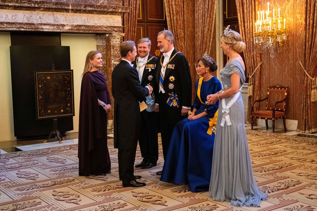 King Willem-Alexander and Queen Maxima of the Netherlands with King Felipe, Queen Letizia of Spain, Frenkie de Jong and Mikky Kiemeney at the state banquet at the Royal Palace in Amsterdam
