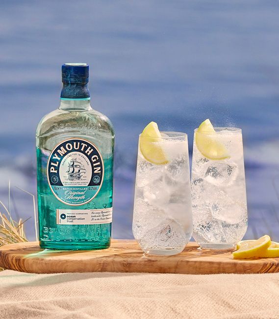 plymouth gin ocean edition bottle with two chilled glasses 