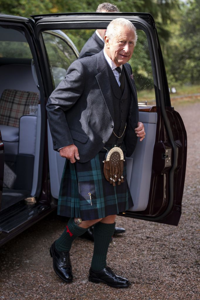 CRATHIE, ABERDEENSHIRE - SEPTEMBER 7: King Charles III arrives to attend a Sunday church service at Crathie Kirk, near Balmoral on September 7, 2025 in Crathie, Aberdeenshire. (Photo by Aaron Chown - Pool / Getty Images)