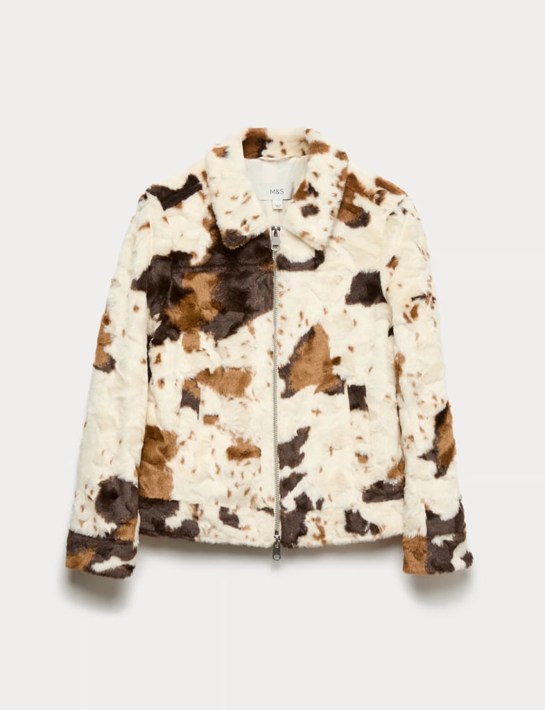 Faux Fur Cow Print Trucker Jacket
