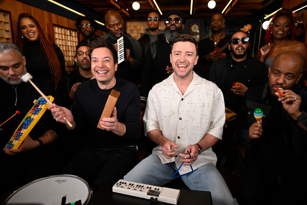 THE TONIGHT SHOW STARRING JIMMY FALLON -- Episode 1910 -- Pictured: Host Jimmy Fallon and singer-songwriter Justin Timberlake with The Roots during "Classroom Instruments" on Thursday, January 25, 2024