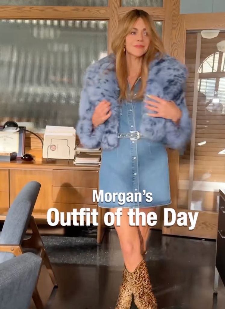 Morgan wearing a belted denim dress on High Potential