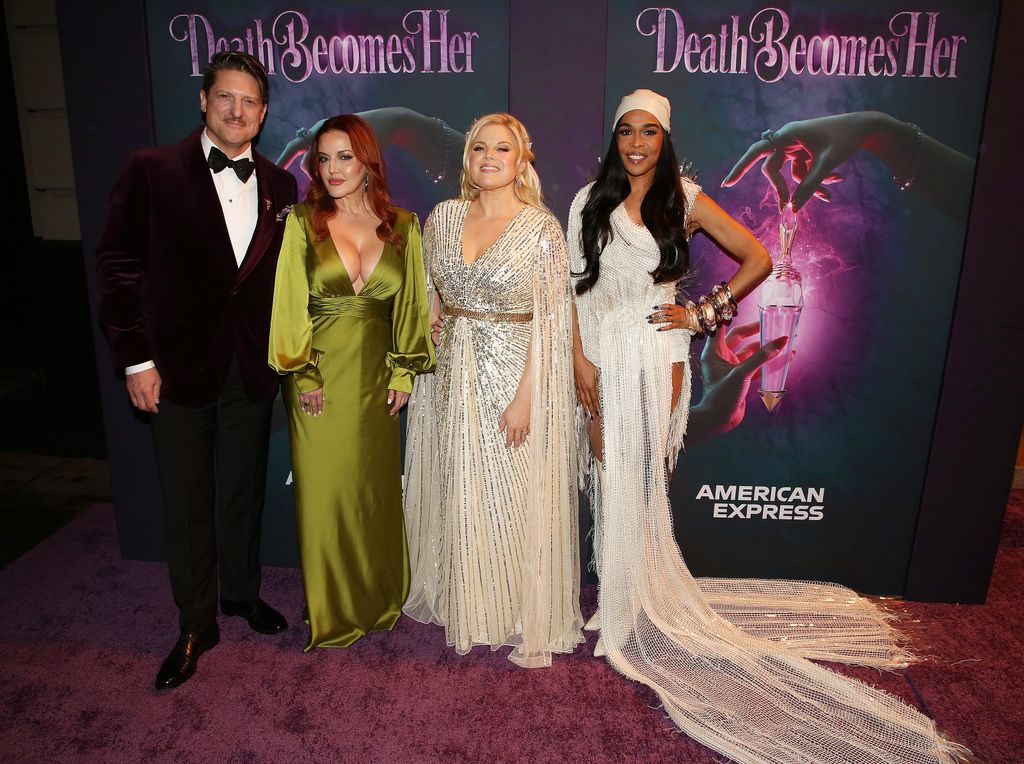 Christopher Sieber, Jennifer Simard, Megan Hilty and Michelle Williams pose at the opening night of the new musical based on the film "Death Becomes Her" on Broadway at The Lunt-Fontanne Theatre on November 21, 2024 in New York City.