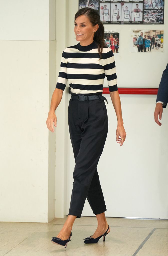 Queen Letizia of Spain wears a Breton top and navy trousers, both by Boss