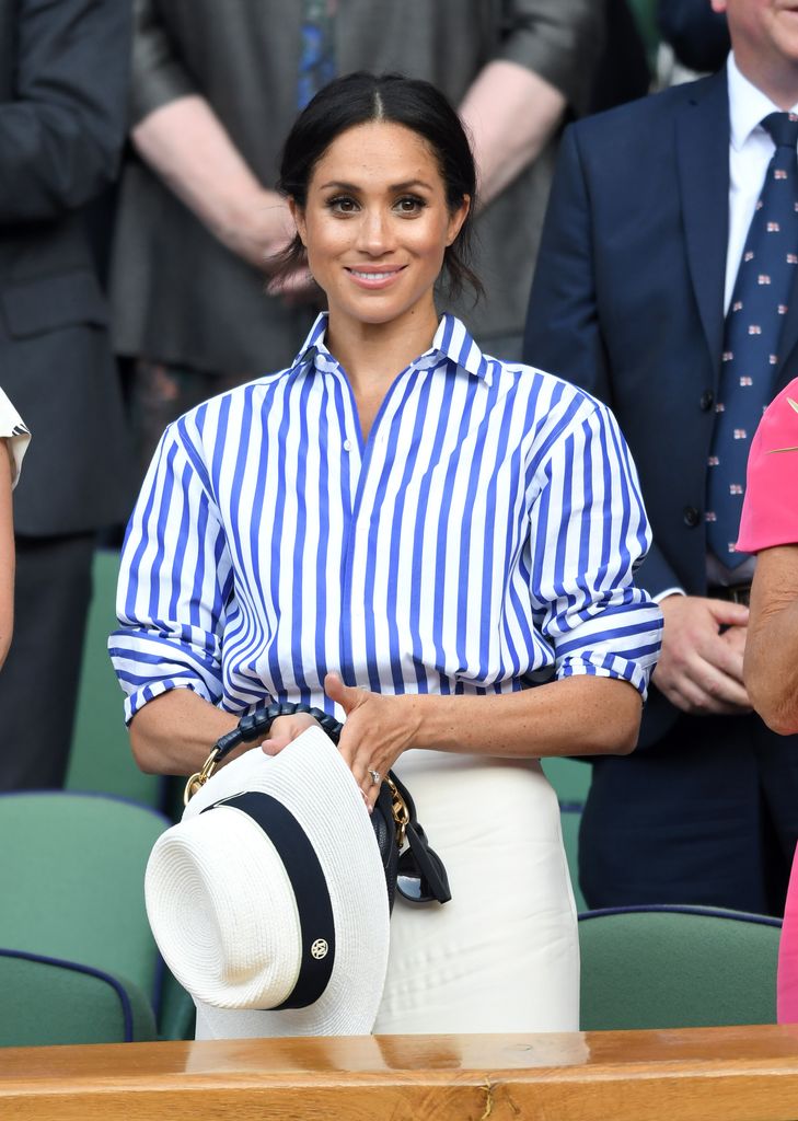 LONDON, ENGLAND - JULY 14:  Meghan, Duchess of Sussex attends day twelve of the Wimbledon Tennis Championships at the All England Lawn Tennis and Croquet Club on July 14, 2018 in London, England.  (Photo by Karwai Tang/WireImage )