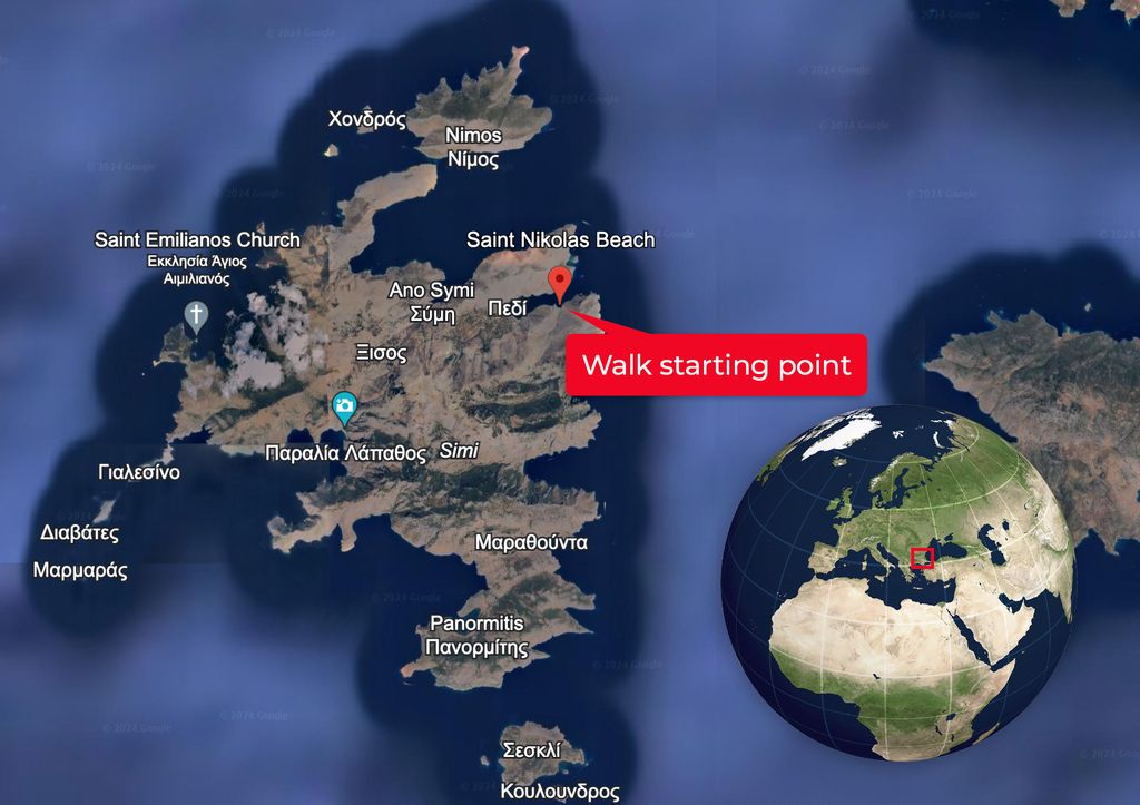 A map of Symi island showing the beach on which Dr Michael Mosley started his walk on Wednesday