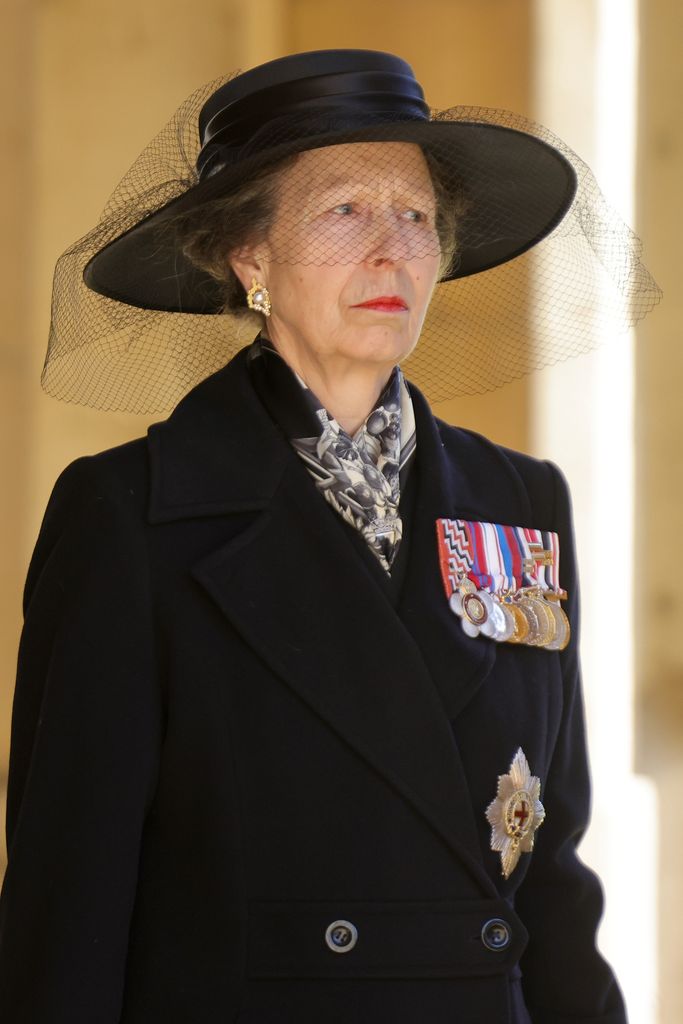 Princess Anne, Princess Royal during the Ceremonial Procession   during the funeral of Prince Philip, Duke of Edinburgh at Windsor Castle on April 17, 2021 in Windsor, England. 