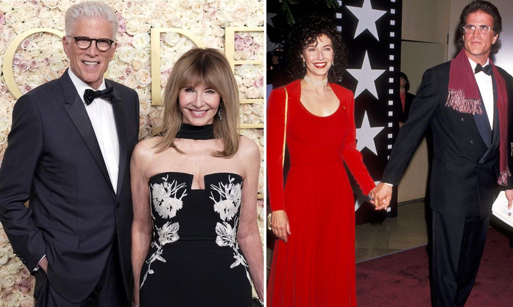 Ted Danson and Mary Steenburgen smiling together on the left and a younger version of them holding haands on the right