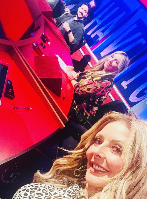 Carol Vorderman on the set of Have I Got News For You with Victoria Coren Mitchell and Ignacio Lopez