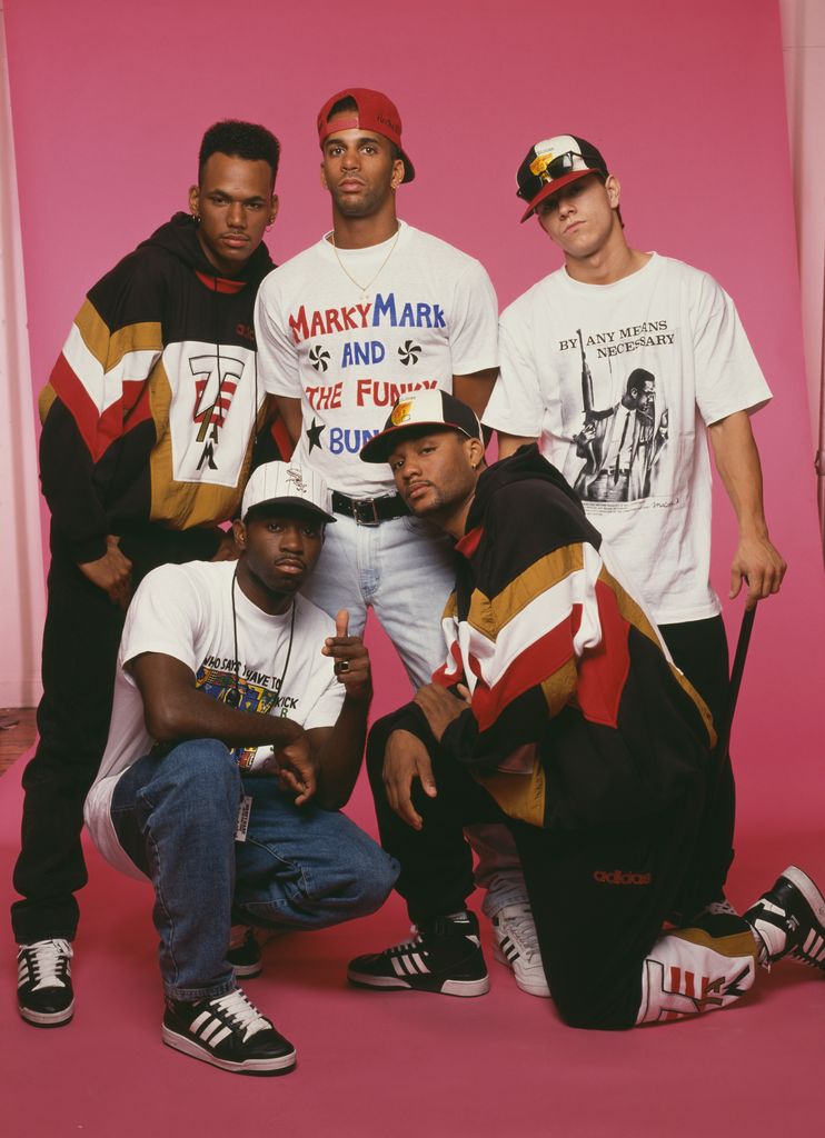 American hip hop group Marky Mark and the Funky Bunch, circa 1990. They are Mark Wahlberg, Scott Ross (alias Scottie Gee), Hector Barros (alias Hector the Booty Inspector), Terry Yancey (alias DJ-T), and Anthony Thomas (alias Ashey Ace).