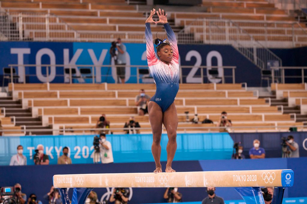 Simone Biles in action during Women's Balance Beam Final at Ariake Gymnastics Centre. Biles wins bronze. Tokyo, Japan 8/3/2021