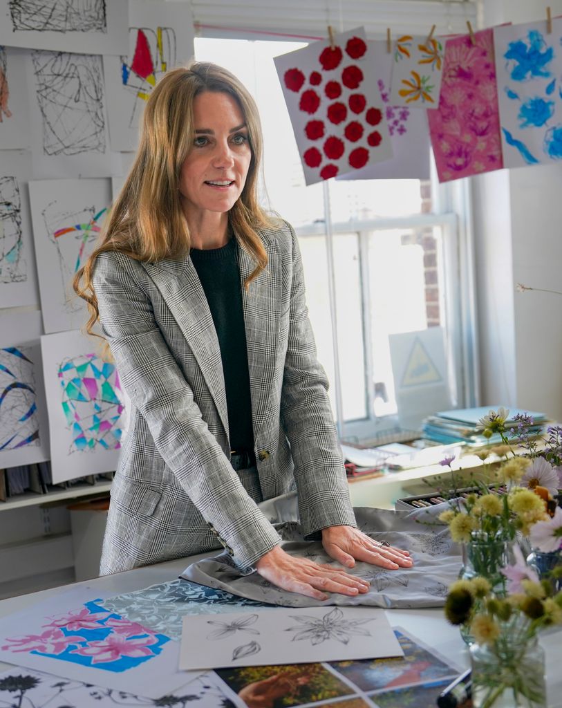Kate Middleton looking at designs at Sudbury Silk Mills