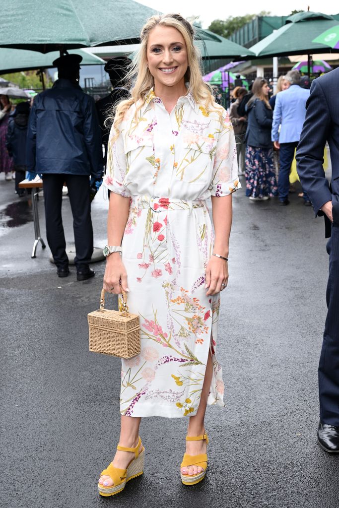 Laura Kenny attends day six of the Wimbledon Tennis Championships in 2023 wearing wedges and a floral dress