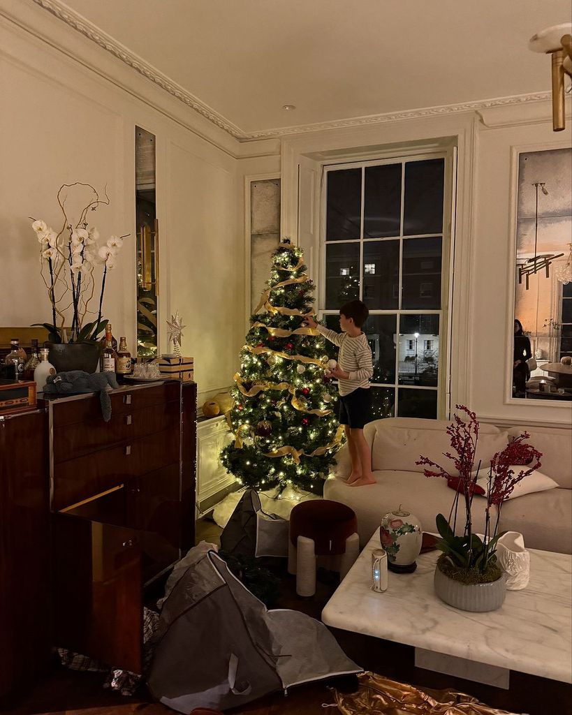 Wolfie Mozzi standing on the sofa decorating a Christmas tree