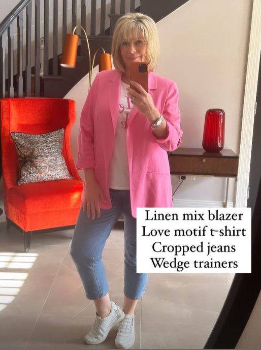Ruth Langsford in pink blazer and cropped jeans