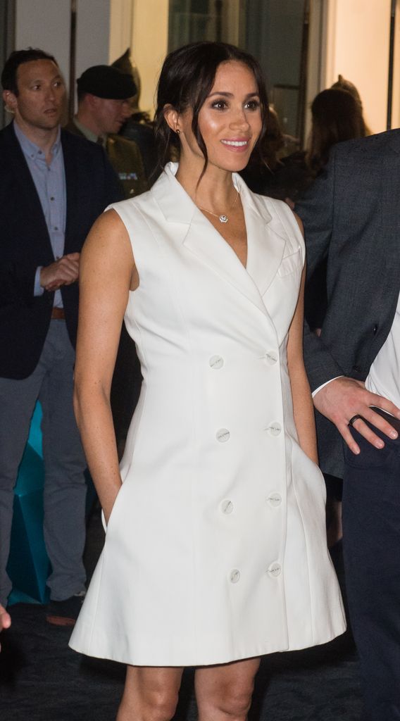 Meghan in white blazer dress