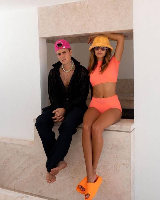 Hailey Bieber Wears Funky Yellow & Pink Checkered Hat At Beach