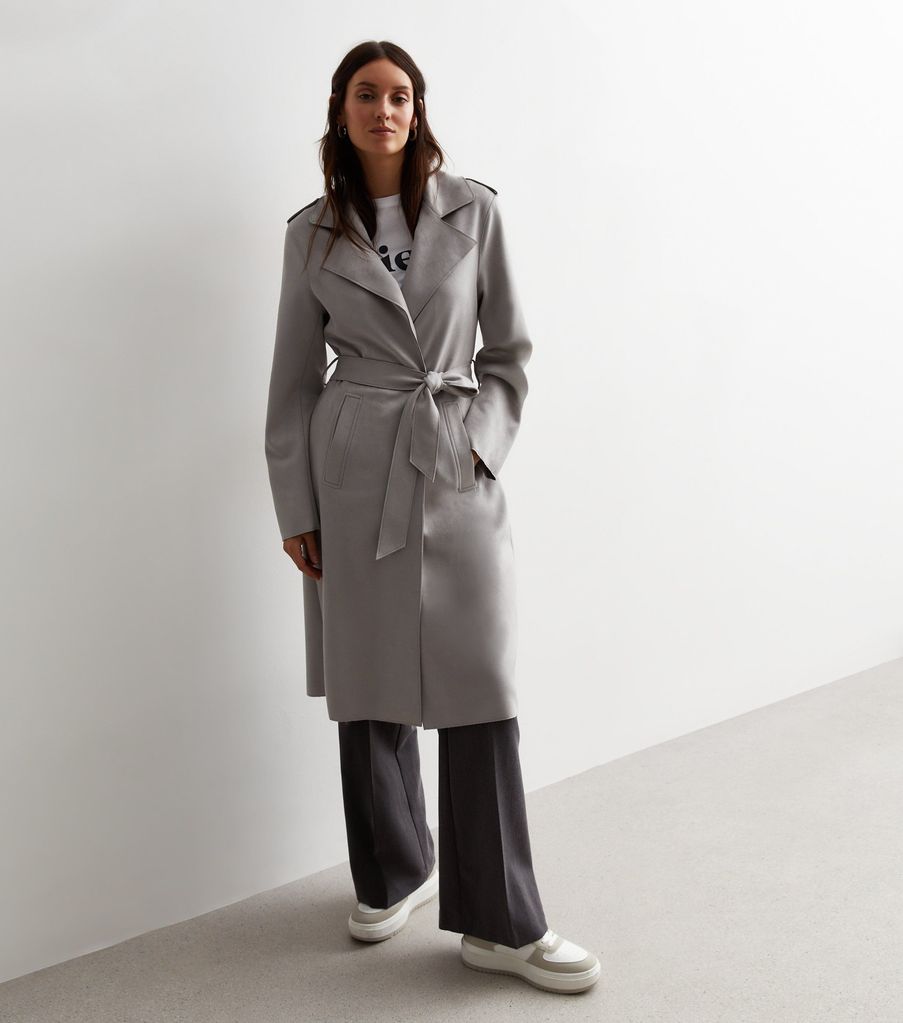 Pale Grey Suedette Belted Duster Coat