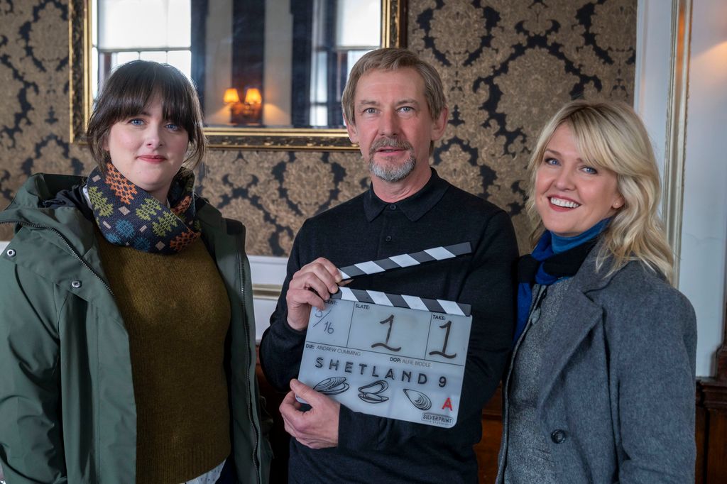 Alison O'Donnell, Ian Hart and Ashley Jensen on the set of Shetland season 9