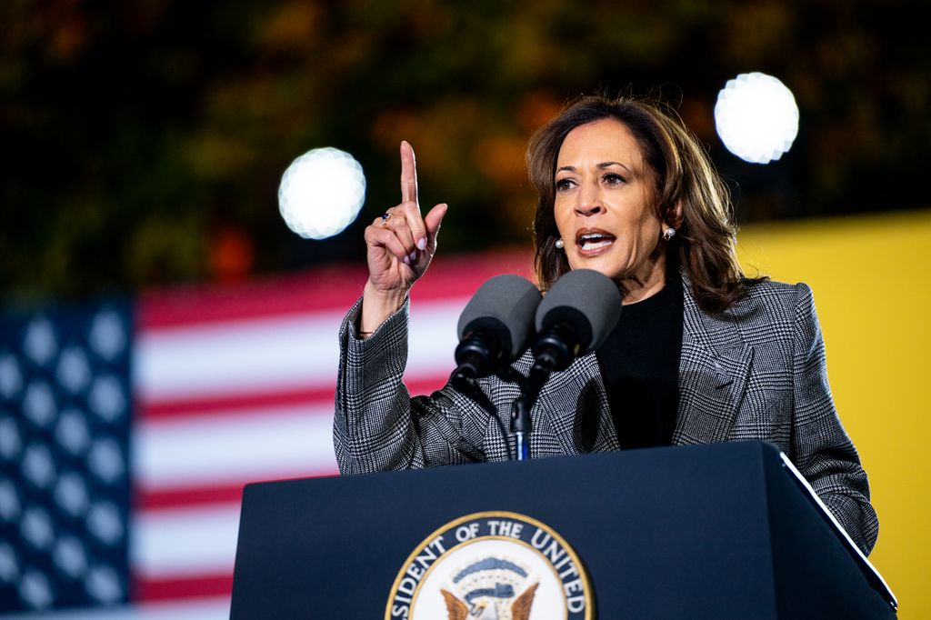 Democratic presidential nominee, U.S. Vice President Kamala Harris speaks during a campaign rally on October 28, 2024 in Ann Arbor, Michigan