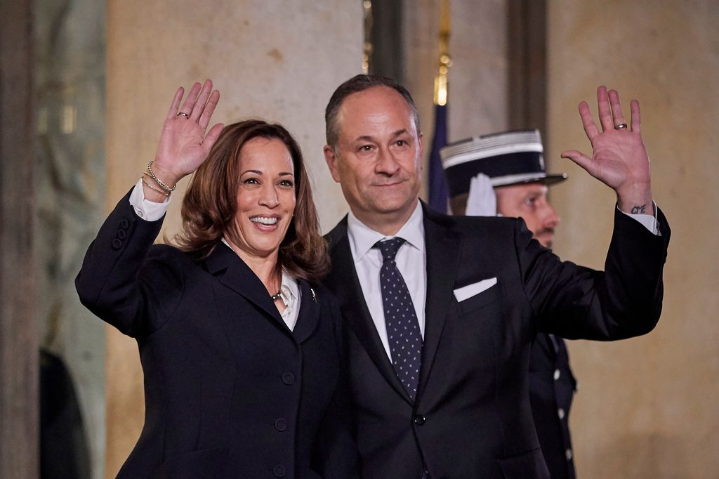 US Vice President Kamala Harris and her husband Douglas Emhoff arrive at the Elysee Palace for the inaugural dinner on the first day of the Paris Peace Forum on November 11, 2021 in Paris, France