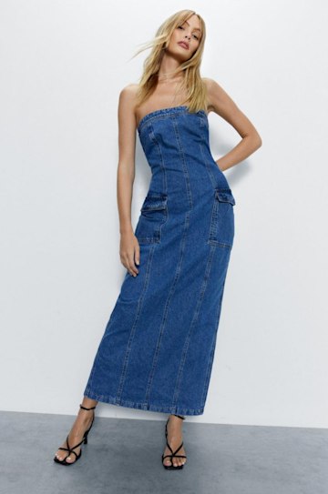 Bandeau Denim Cargo Maxi Dress - Warehouse