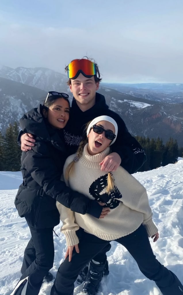 Photo shared by Salma Hayek on Instagram January 2024, where she is posing with her daughter Valentina and her stepson Augustin during a trip to Aspen, Colorado