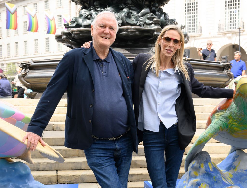 LONDON, ENGLAND - JULY 16: Jennifer Cleese and John Cleese attend the launch of the Tusk Turtle Trail 2025 at Piccadilly Circus on July 16, 2025 in London, England. (Photo by Karwai Tang/WireImage)