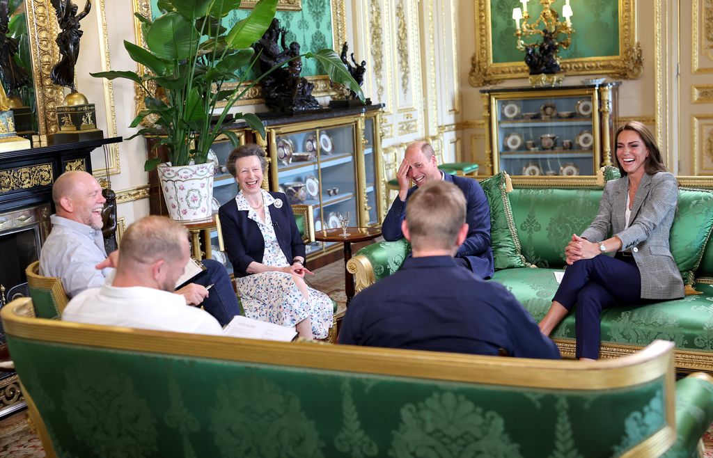 Mike Tindall laughing with Anne, William and Kate during podcast recording