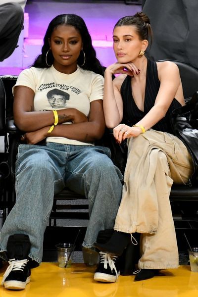 Hailey Bieber and Justine Skye at the LA Lakers game