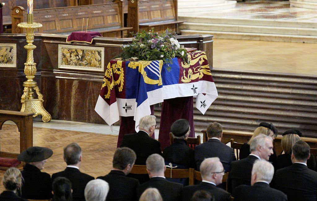 The coffin of the Duchess of Kent lies during the Requiem Mass service held for her at Westminster Cathedral on September 16, 2025 in London, England