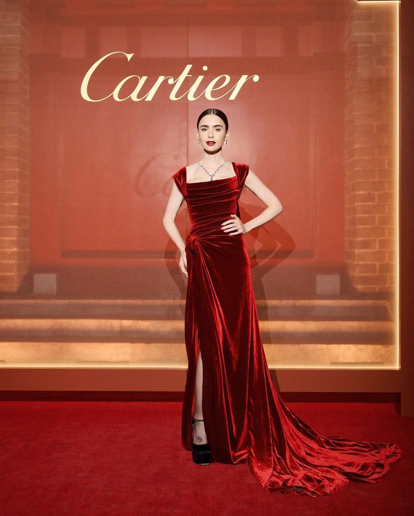 Lily wore a red velvet Elie Saab haute couture gown to Cartier's Beijing event