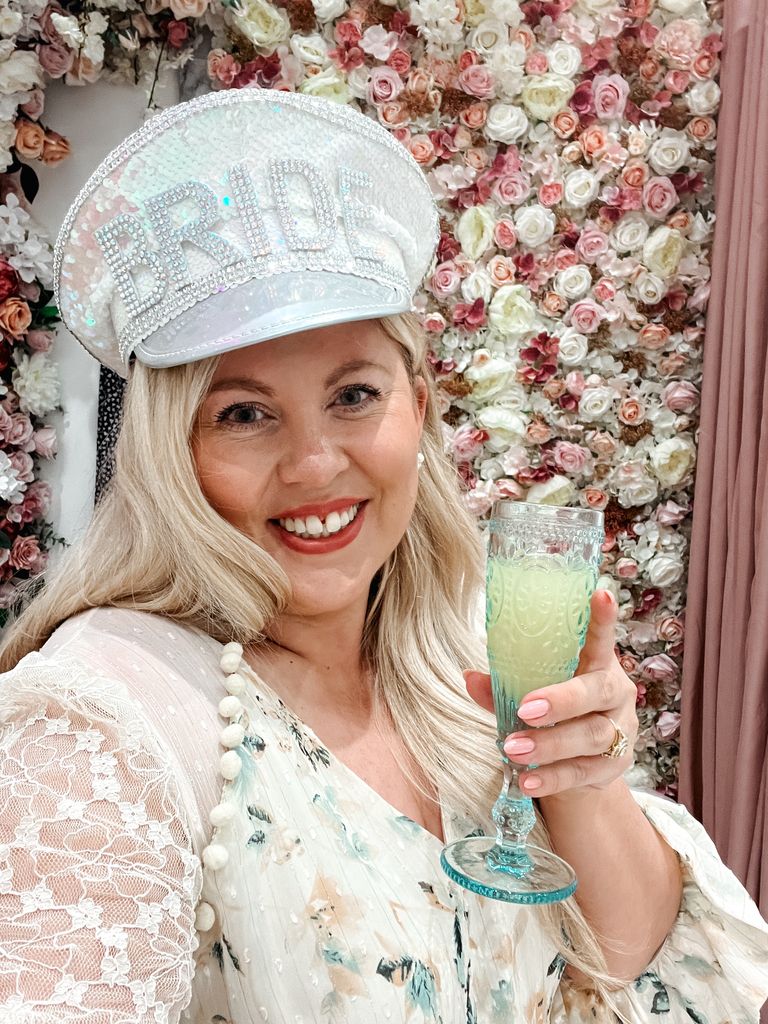 Louise Pentland in a white bride hat