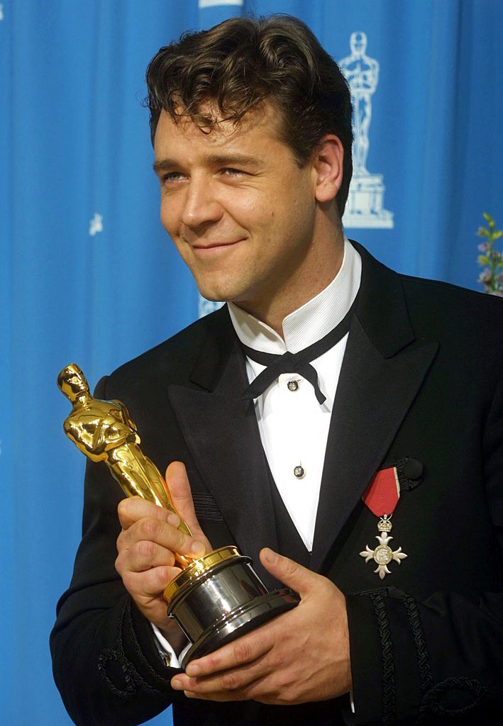 Russell Crowe holds his Oscar for Best Actor for his role in "Gladiator" at the 73rd Annual Academy Awards at the Shrine Auditorium in Los Angeles 25 March, 2001