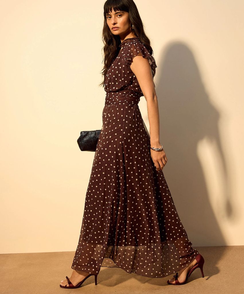 Next Chocolate Brown Spot Pleated Mesh Print V-Neck Occasion Maxi Dress
