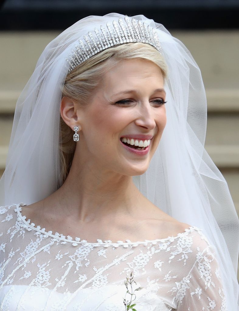 Newlywed Lady Gabriella Windsor wearing a diamond tiara and smiling