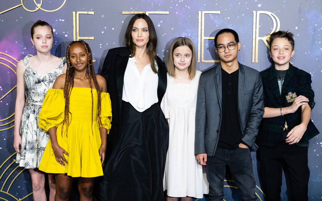Angelina Jolie and her children, Shiloh, Zahara, Angelina, Vivienne, Maddox and Knox at the The Eternals UK Premiere in 2021