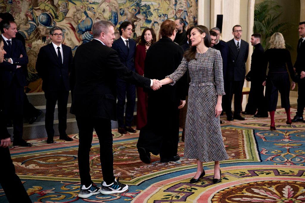 MADRID, SPAIN - JANUARY 27: Queen Letizia of Spain (R) receives a delegation from the Management Team and Designers
participating in the 83rd edition of Mercedes Benz Fashion Week
Madrid at the Zarzuela Palace on January 27, 2026 in Madrid, Spain. (Photo by Carlos Alvarez/Getty Images)