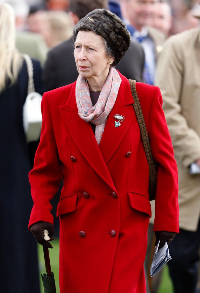 Princess Anne in red coat at Cheltenham Festival 