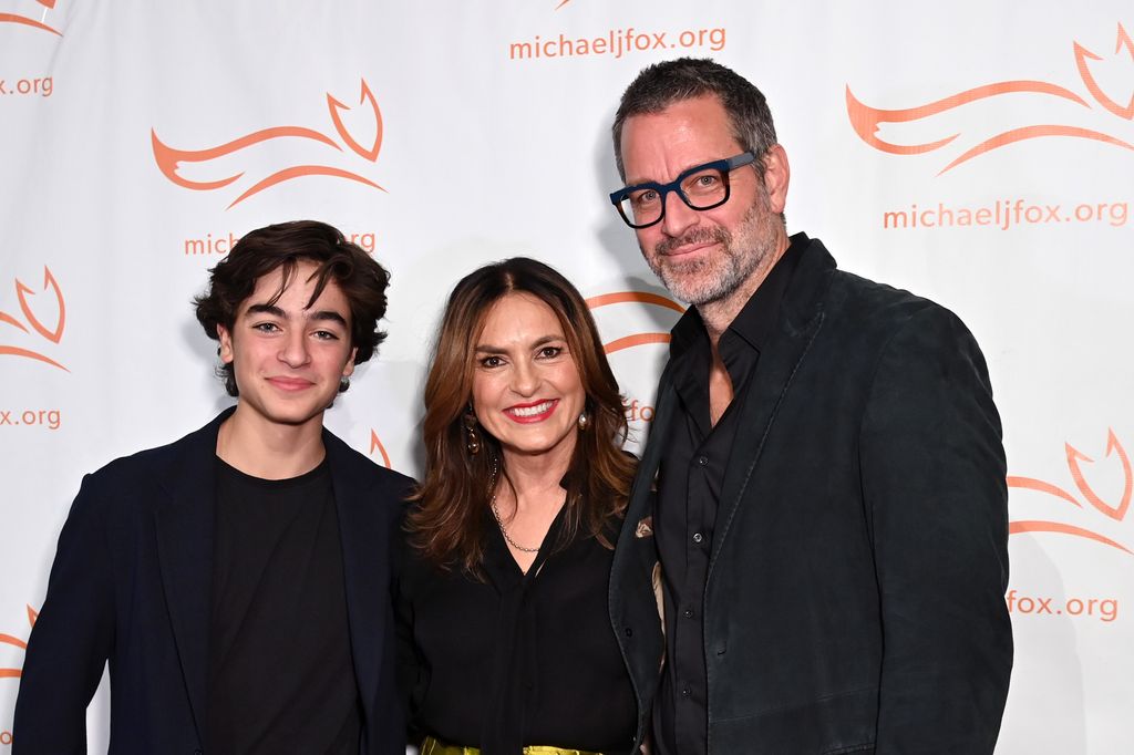 August Miklos Friedrich Hermann, Mariska Hargitay and Peter Hermann attend the 2022 A Funny Thing Happened On The Way To Cure Parkinson's at Cipriani South Street on October 29, 2022 in New York City