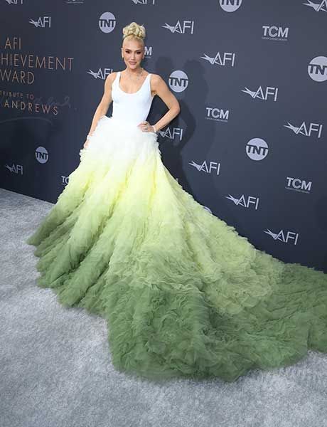 gwen stefani feathered gown