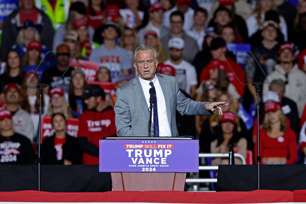 Robert F. Kennedy Jr. speaks ahead of Former US President and Republican presidential candidate Donald Trump at a campaign rally at the Fiserv Forum in Milwaukee, Wisconsin, November 1, 2024.