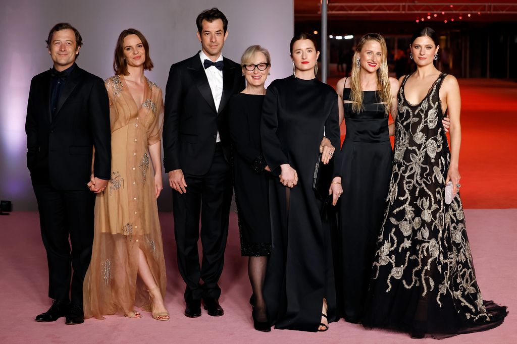 Henry Wolfe, Tamryn Storm Hawker, Mark Ronson, Meryl Streep, Grace Gummer, Mamie Gummer, and Louisa Jacobson attend the 2023 Academy Museum Gala at Academy Museum of Motion Pictures on December 03, 2023 in Los Angeles, California