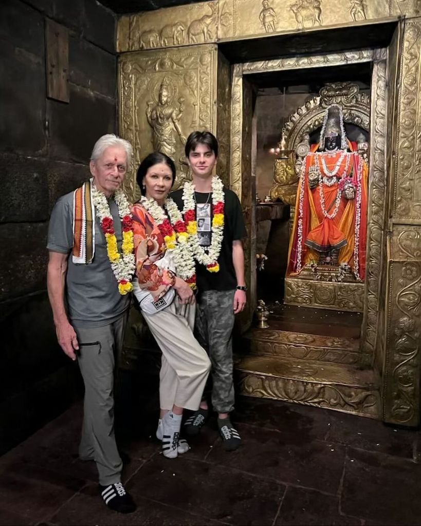 Michael Douglas, Catherine Zeta-Jones, and Dylan Douglas captured in photos shared from a family trip to Thanjavur, India