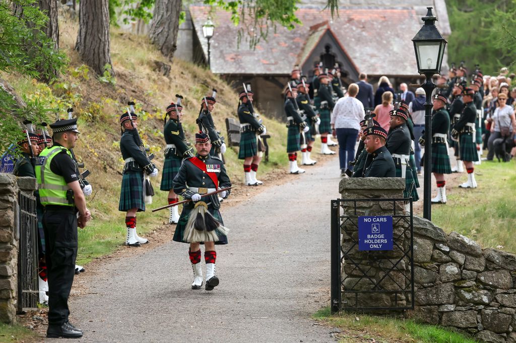 Balaklava Company, from The Royal Regiment of Scotland form a guard of honour at Crathie Kirk Church on August 24, 2025 in Crathie, Aberdeenshire