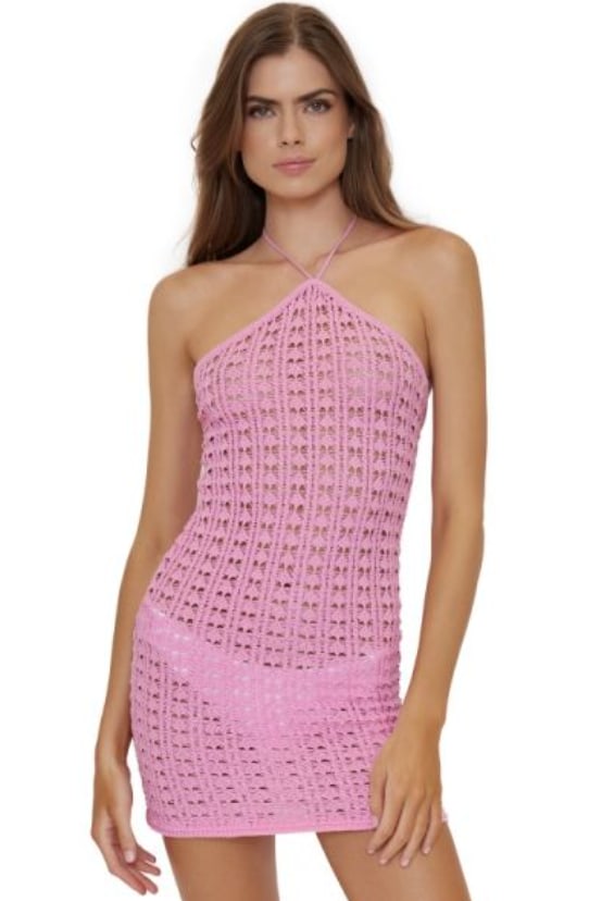 beach cafe pink crochet mini dress 