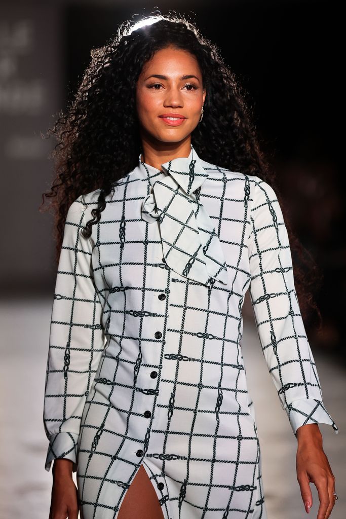 Vick Hope walks the runway at the Oxfam Style For Change show during London Fashion Week September 2024 at Ambika P3 on September 12, 2024 in London, England. (Photo by Hoda Davaine/Dave Benett/Getty Images)